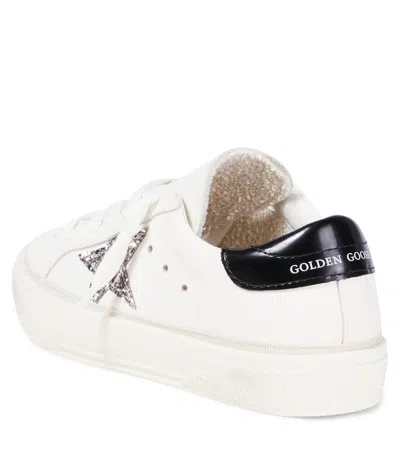 Golden Goose May White Low Top Sneakers With Glittered Star Patch And Contrasting Heel With Logo Lettering In Lea In White