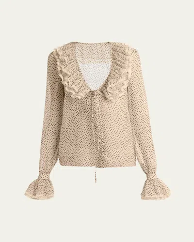 Valentino Lace-trimmed Ruffled Polka-dot Silk-chiffon Blouse In Neutrals
