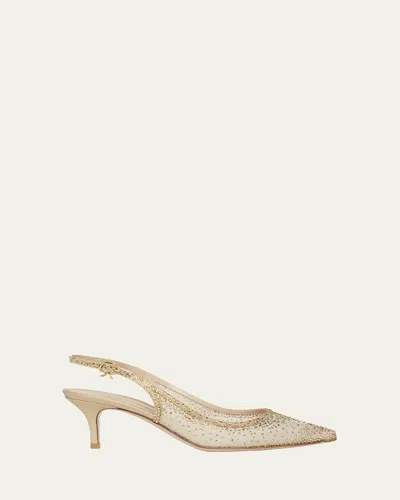 Gianvito Rossi Strass Organza Kitten-heel Slingback Pumps In Brown