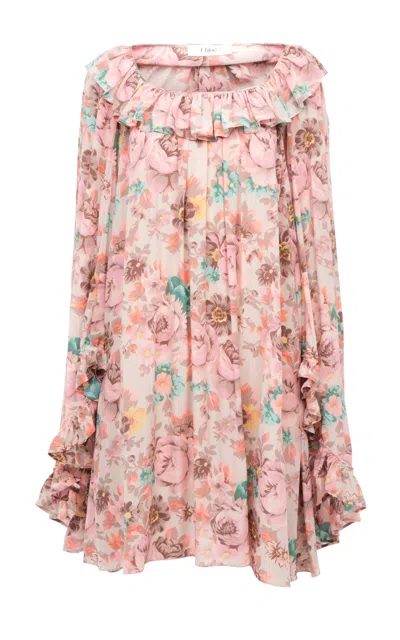 Chloé Bouquet-printed Organic Silk Crepe De Chine Mini Cape Dress
