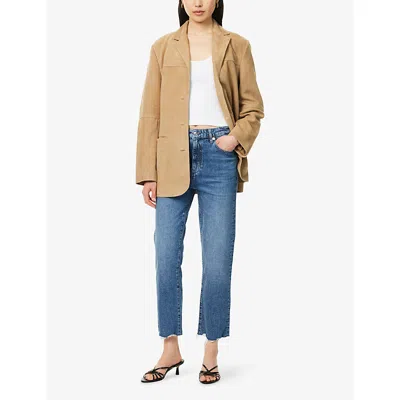 Frame The Ruler Frayed High Waist Ankle Straight Leg Jeans In Blue