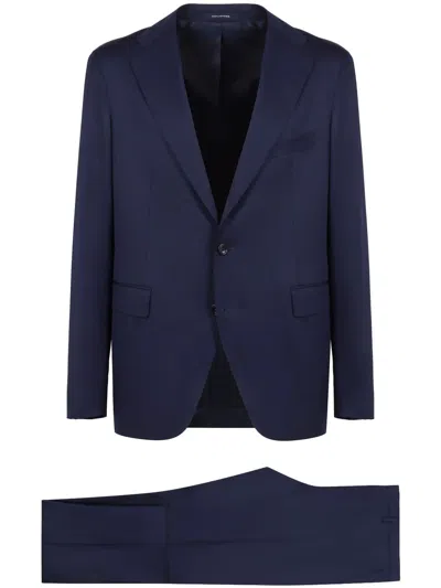 Tagliatore Blue Single-breasted Suit With Notched Revers And Brooch Detail On The Front In Wool Man