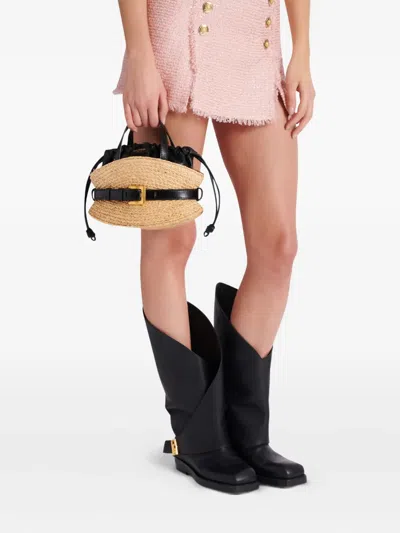 Balmain Shuffle Mini Top-handle Bag In Raffia And Calfskin In Nude