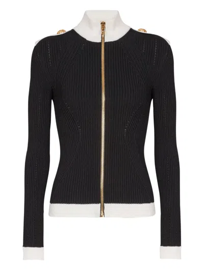 Balmain Zipped Turtleneck Knit Cardigan In Black