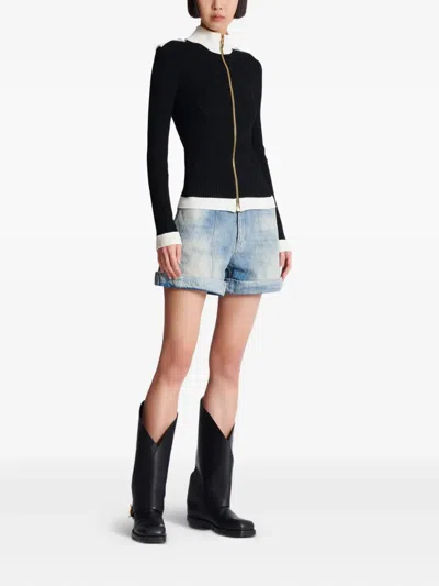 Balmain Zipped Turtleneck Knit Cardigan In Black