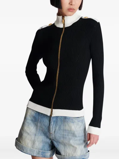Balmain Zipped Turtleneck Knit Cardigan In Black