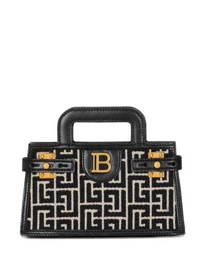 Balmain B-buzz Small Top Handle Monogrammed Canvas And Leather Bag In Black