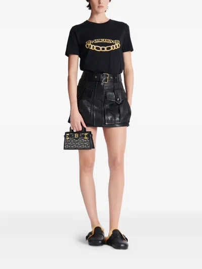Balmain B-buzz Small Top Handle Monogrammed Canvas And Leather Bag In Black