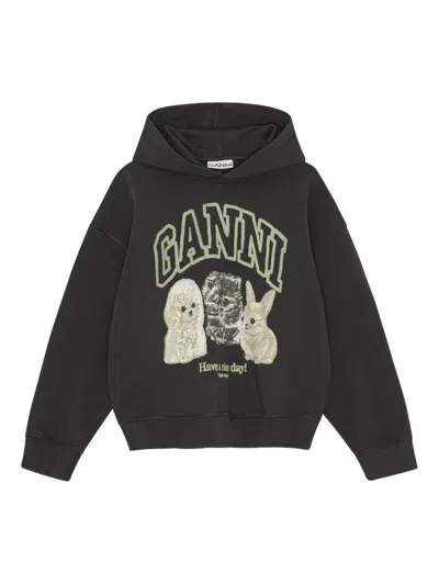 Ganni Oversize Cotton Sweatshirt With Hood And Graphic Print