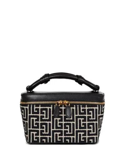 Balmain B-army Vanity Case In Monogrammed Canvas And Leather In Black