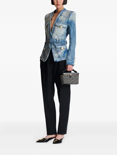 Balmain B-army Vanity Case In Monogrammed Canvas And Leather In Black