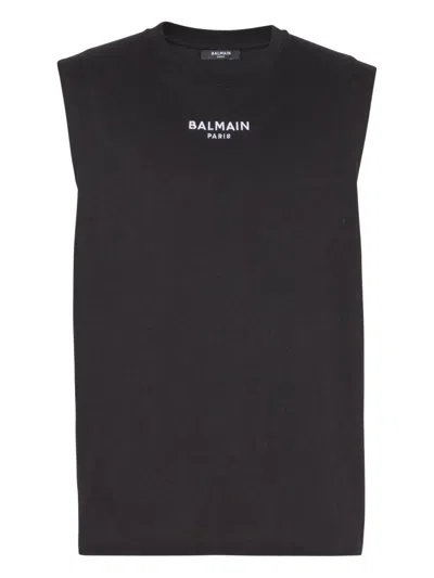 Balmain Black Crewneck Sleeveless Top With Logo Lettering Embroidery On The Front