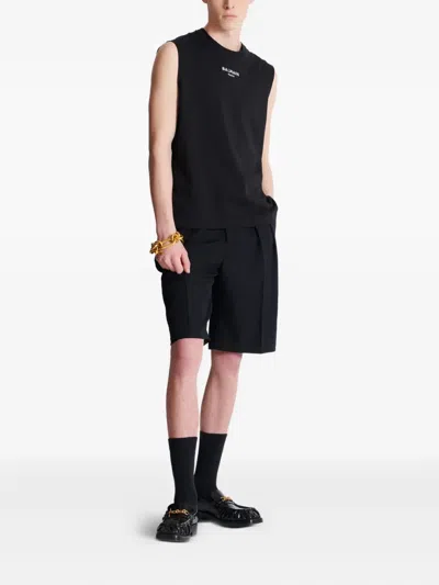Balmain Black Crewneck Sleeveless Top With Logo Lettering Embroidery On The Front