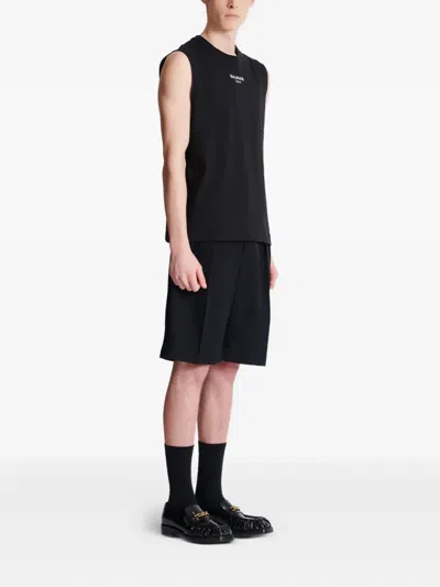 Balmain Black Crewneck Sleeveless Top With Logo Lettering Embroidery On The Front