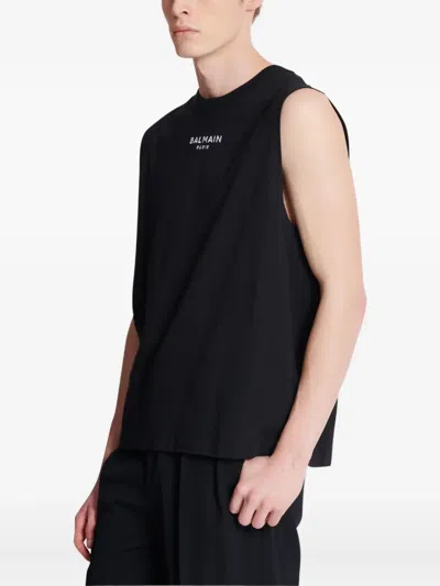 Balmain Black Crewneck Sleeveless Top With Logo Lettering Embroidery On The Front