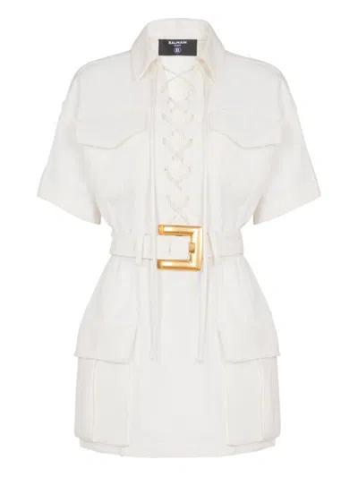 Balmain Cotton Gabardine Short Dress In White