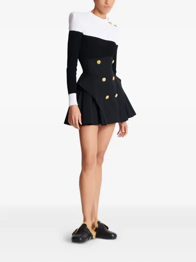 Balmain Button-embellished Pleated Grain De Poudre Wool Mini Skirt In Black