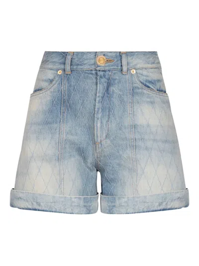 Balmain Rolled Hem Denim Shorts With Diamond Stitched Pattern