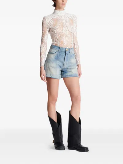 Balmain Rolled Hem Denim Shorts With Diamond Stitched Pattern