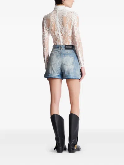 Balmain Rolled Hem Denim Shorts With Diamond Stitched Pattern