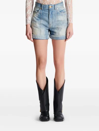 Balmain Rolled Hem Denim Shorts With Diamond Stitched Pattern