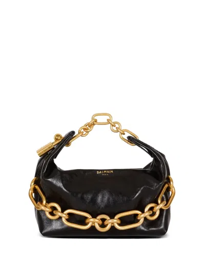Balmain Sync Black Mini Handbag With Chain-link And Logo Plaque In Leather Woman In Black