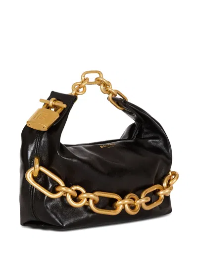 Balmain Sync Black Mini Handbag With Chain-link And Logo Plaque In Leather Woman In Black