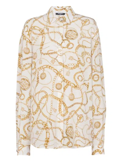 Balmain Logo Printed Silk Shirt In Neutral