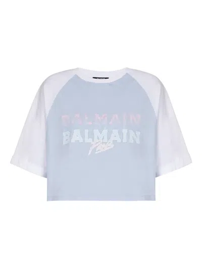 Balmain Paris Print Crew Neck Cropped T-shirt In Blue