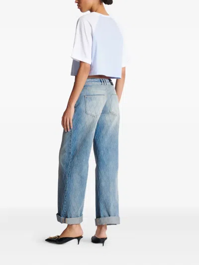 Balmain Paris Print Crew Neck Cropped T-shirt In Blue
