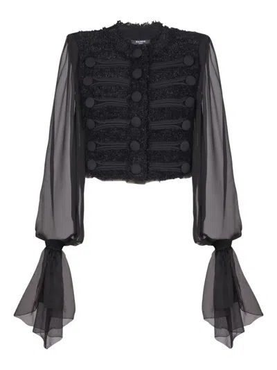 Balmain Edge-to-edge Tweed And Chiffon Jacket In Black