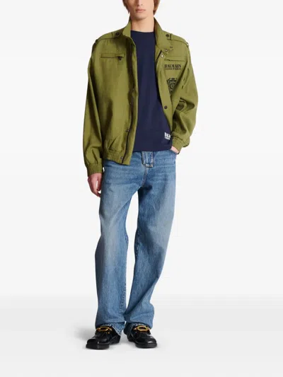 Balmain Blue Crewneck T-shirt With Logo Lettering Print On The Front