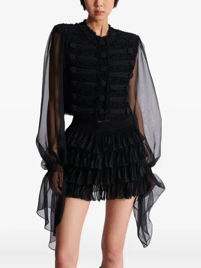 Balmain Edge-to-edge Tweed And Chiffon Jacket In Black