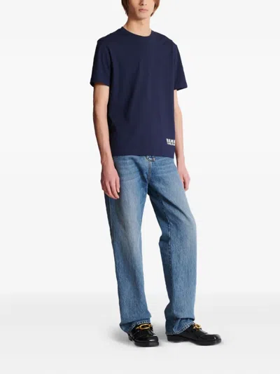 Balmain Blue Crewneck T-shirt With Logo Lettering Print On The Front