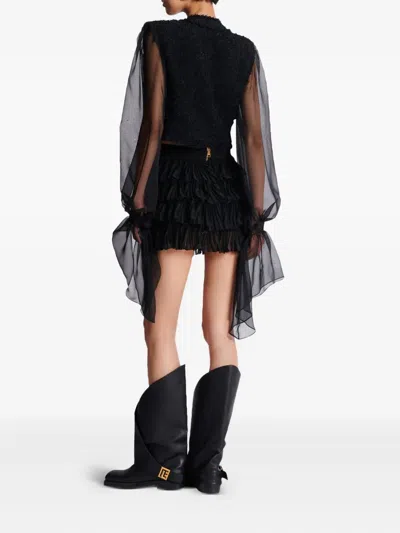 Balmain Edge-to-edge Tweed And Chiffon Jacket In Black