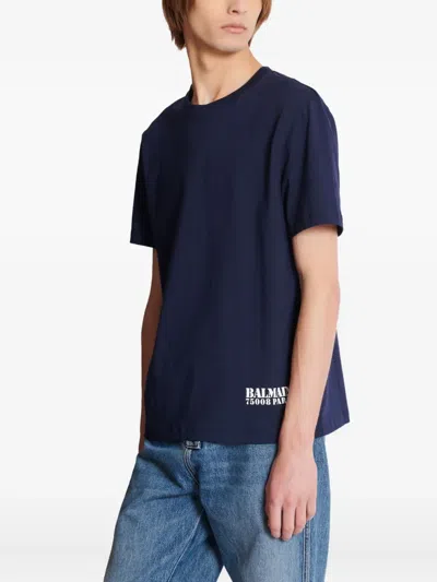 Balmain Blue Crewneck T-shirt With Logo Lettering Print On The Front