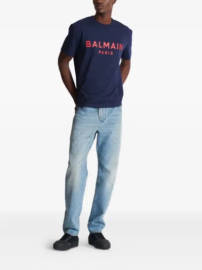 Balmain Paris Print T-shirt Short Sleeves In Blue