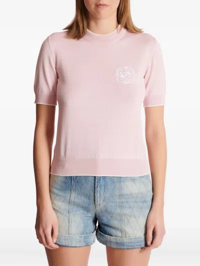Balmain Embleme-embroidered Knit Top In Pink