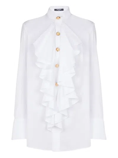 Balmain Ruffled Poplin Shirt In White