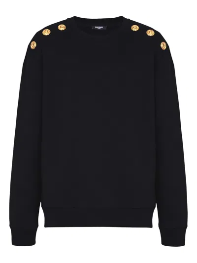 Balmain Crew Neck Sweater With Gold Button Detailing In Black