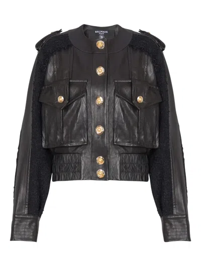 Balmain Quilted Leather And Tweed Bomber Jacket In Black