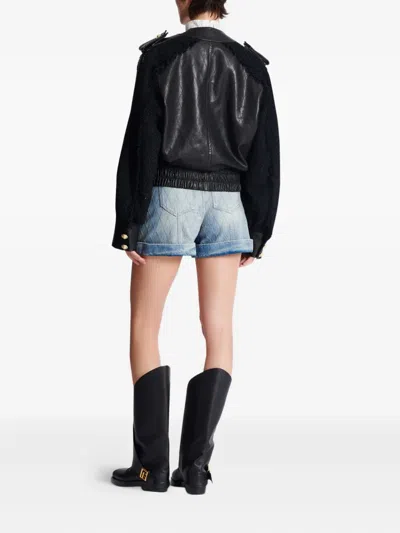 Balmain Quilted Leather And Tweed Bomber Jacket In Black