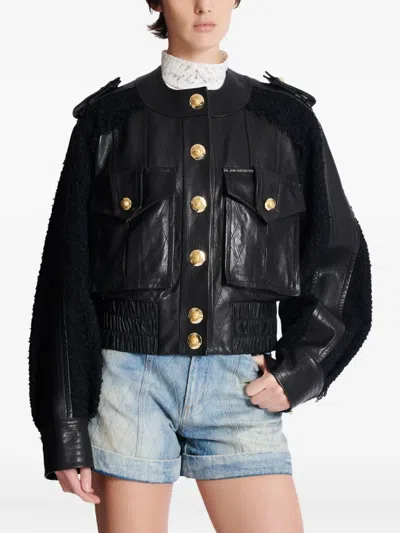 Balmain Quilted Leather And Tweed Bomber Jacket In Black