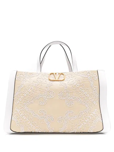 Valentino Vlogo Embroidered Raffia Tote
