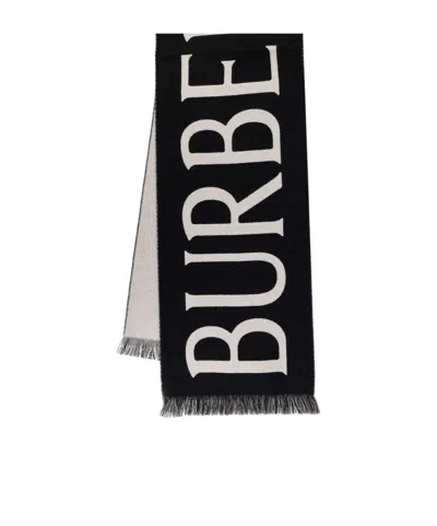 Burberry Black And White Wool Reversible Scarf In Black