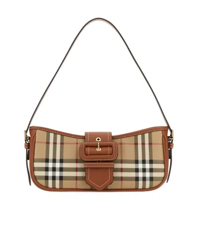 Burberry Canvas Sling Shoulder Bag With Checkered Pattern In Brown