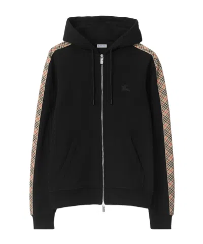 Burberry Check Trim Zip-up Drawstring Hoodie In Black