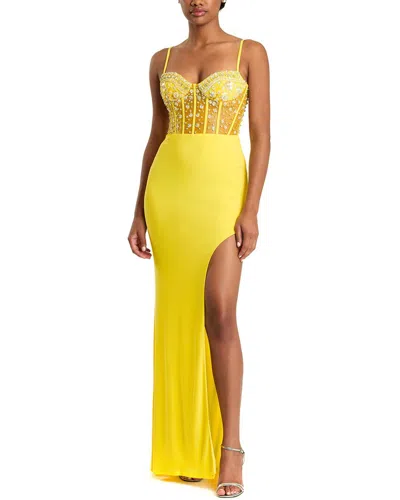 Mac Duggal Spaghetti Strap Beaded Sheer Bodice Gown With Slit