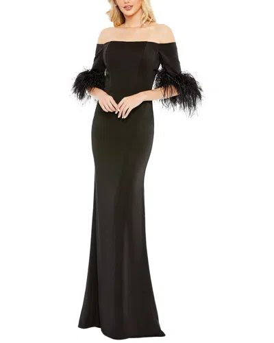 Mac Duggal Feather Trim Off The Shoulder Satin Trumpet Gown In Black