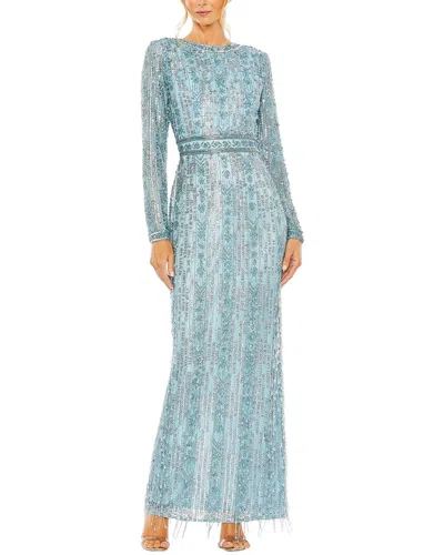 Mac Duggal 5981 Long Sleeve Crystal Fringe Column Dress In Blue